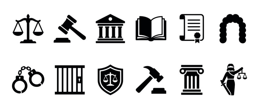 Set of black law and justice icons featuring a gavel, scales, courthouse, and other legal symbols in a minimalist flat graphic style for judicial and crime concepts