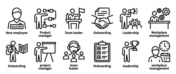 Fototapeta premium Set of black line icons for business concepts including new employee, project manager, team leader, onboarding, leadership, and workplace management in a simple pictogram style