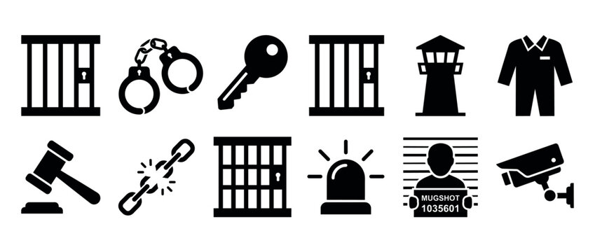 Collection of black silhouette prison icons representing crime, law, and the justice system, including a jail cell, handcuffs, a gavel, and a security camera for legal concepts
