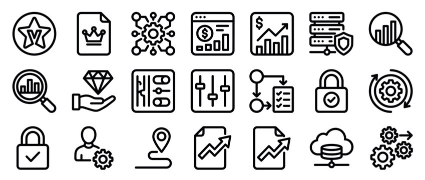 Set of eighteen business and technology outline icons representing data analysis, security, workflow, premium quality, cloud computing, and process management in a clean linear style