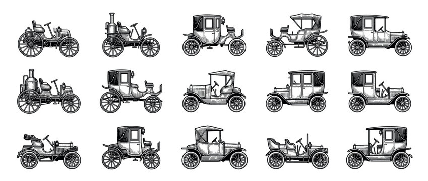 Large collection of vintage cars and carriages in a detailed black and white engraving style, showing various antique automobiles from steam-powered vehicles to classic motorcars