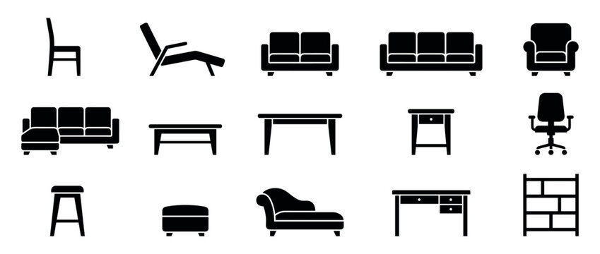 Collection of black furniture icons including a sofa, chair, table, and desk, presented as a minimalist glyph set of household items for interior design concepts
