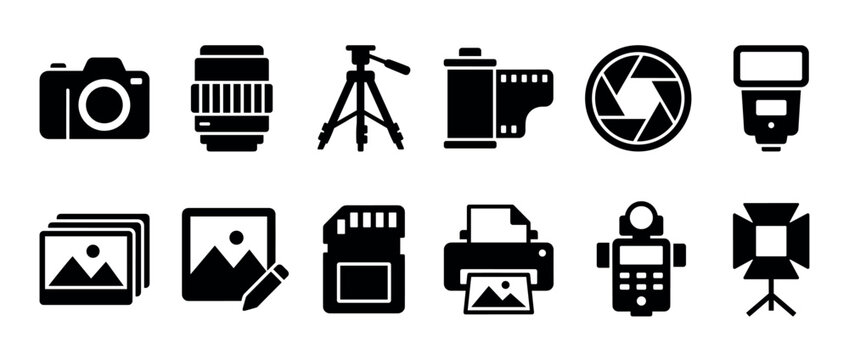 Set of black photography equipment glyph icons for graphic design, featuring a camera, lens, tripod, flash, film roll, memory card, printer, and studio light in a simple silhouette style