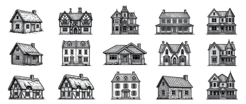 Collection of various historical houses in a detailed black and white engraving style, featuring architectural designs like Tudor, Victorian, colonial, and rustic cottages