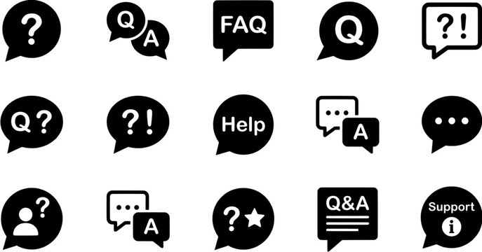 Set of frequently asked questions and customer support communication icons in flat vector style