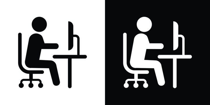 Office worker sitting at a desk using a desktop computer monitor, black and white workspace icon set.
