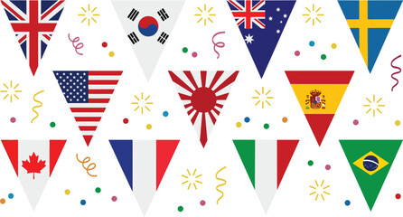 Obraz premium International World Flags Pennant Banners Set with Confetti Elements for Global Celebrations National Holidays Sports Tournaments Festivals and Cultural Event Decorations