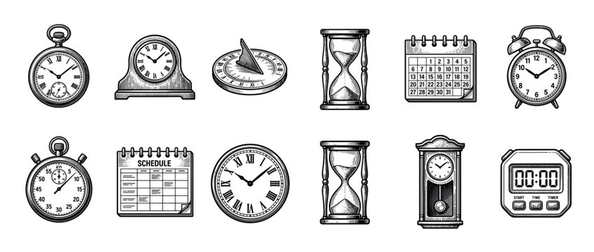 Collection of vintage timekeeping objects and schedule icons in a black and white engraved style, including a pocket watch, hourglass, calendar, sundial, and alarm clock
