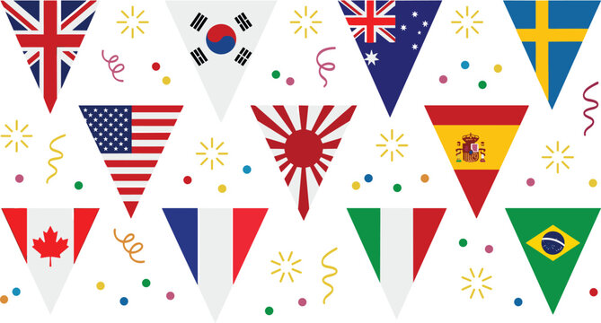 International World Flags Pennant Banners Set with Confetti Elements for Global Celebrations National Holidays Sports Tournaments Festivals and Cultural Event Decorations