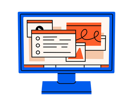 Hand drawn illustration of computer monitor with multiple tabs or windows. Flat vector task management doodle. Office device screen icon. Remote work or freelance. Multitasking concept. Isolated
