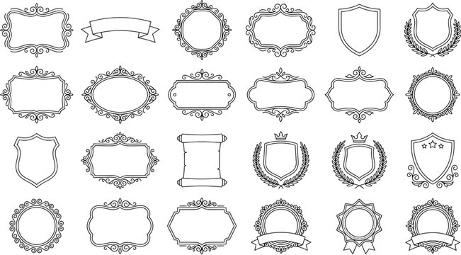 Set of vintage ornamental frames, decorative borders, crests and scroll banners for classic design elements