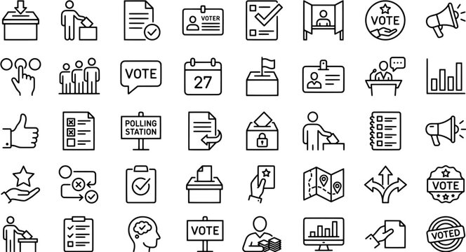 Set of election and voting icons representing political process, polling station and democratic choice in modern line style