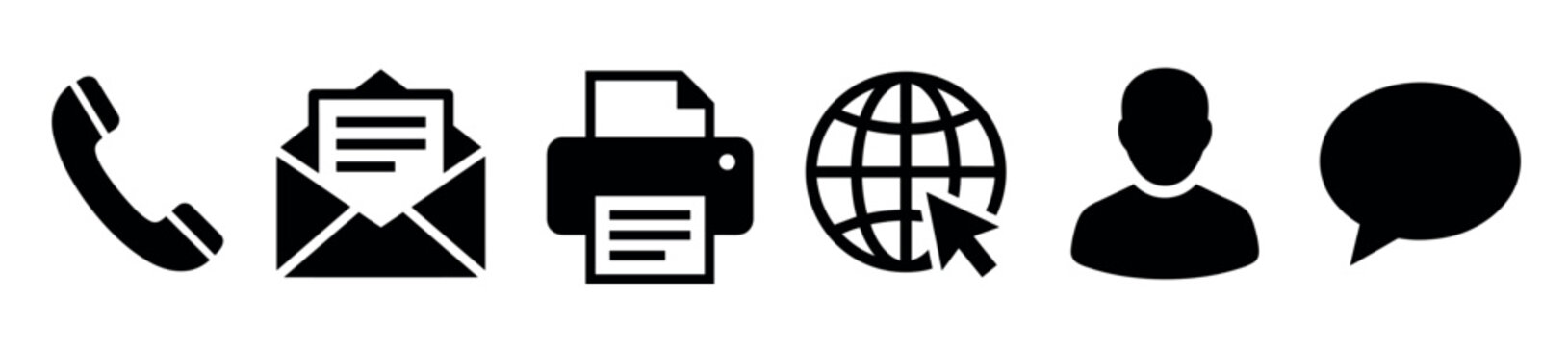Set of black communication icons for business contact information, including a phone, email, printer, website, user avatar, and chat bubble in a flat minimalist style