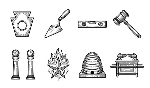 Set of eight Masonic symbols illustrated in a classic black and white vintage engraving style, including the keystone, trowel, gavel, beehive, and blazing star