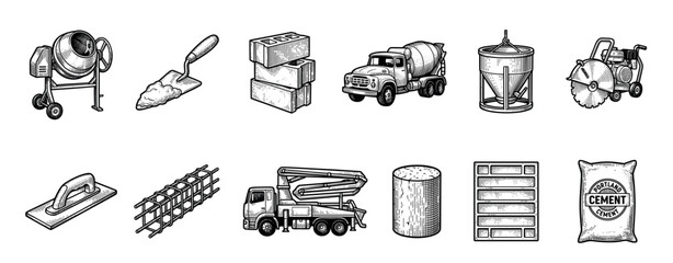 Set of construction and concrete industry icons with a mixer, truck, trowel, bricks, rebar, and cement bag, rendered in a detailed black and white vintage engraving style © Vladislav