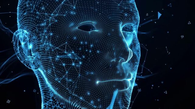 3D render of abstract blue digital human face, glowing data connections and geometric particles, artificial intelligence, cybersecurity and big data concept, 4K video