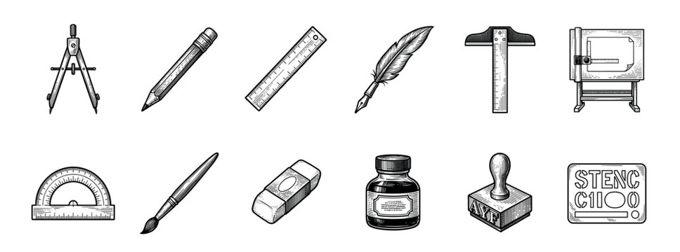 Set of vintage drafting and stationery tools including a compass, pencil, ruler, quill, protractor, and ink bottle in a retro black and white engraved illustration style