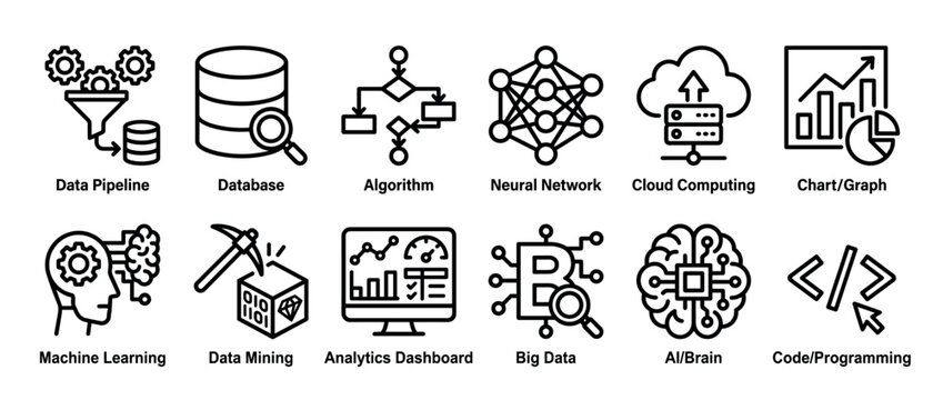 Set of twelve black line icons representing data science and technology concepts including machine learning, big data, cloud computing, and programming in a minimalist style