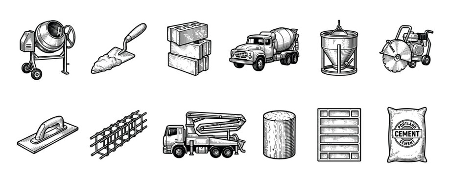 Set of construction and concrete industry icons with a mixer, truck, trowel, bricks, rebar, and cement bag, rendered in a detailed black and white vintage engraving style
