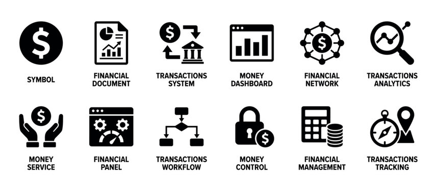 Set of black financial glyph icons for business and banking concepts, including transaction systems, money management, analytics, and workflow diagrams for web and app design