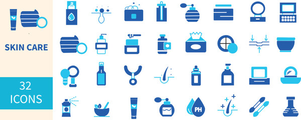 Naklejka premium Skincare and Cosmetics Icons Set. Beauty icon set for skincare and makeup applications. Blue Two Tone Vector Flat Icon Pack for Beauty, Skin care, cream, oil, treatment, cosmetic, beauty, facial, 