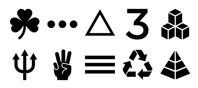 Collection of black icons representing the number three, including a shamrock, triangle, trident, recycling symbol, pyramid, and a hand gesture in a minimalist graphic style