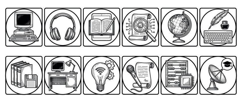 Set of twelve black and white icons depicting education, technology, and communication concepts in a vintage woodcut style, showing the evolution from old to modern tools for learning