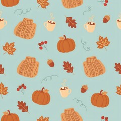 Autumnal pattern featuring pumpkins, sweaters, steaming cups of coffee, leaves, and berries on a soft blue background