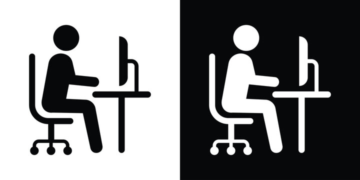 Office worker sitting at a desk using a desktop computer monitor, black and white workspace icon set.