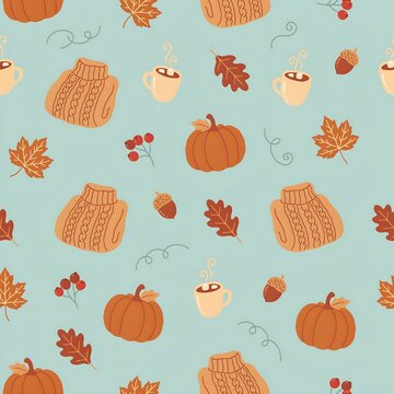 Autumnal pattern featuring pumpkins, sweaters, steaming cups of coffee, leaves, and berries on a soft blue background