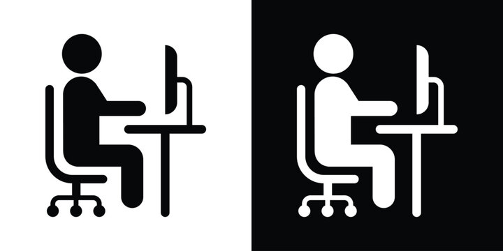 Office worker sitting at a desk using a desktop computer monitor, black and white workspace icon set.
