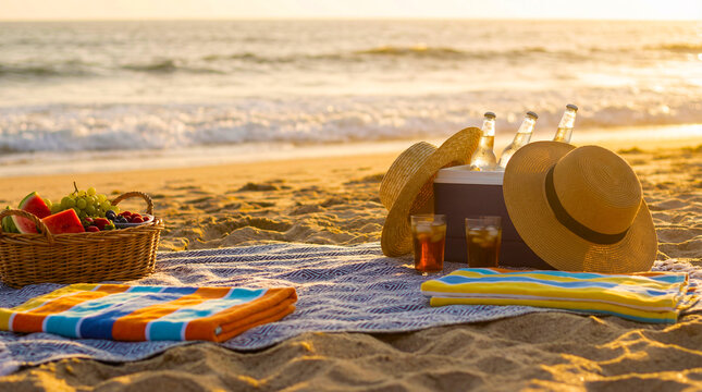 Beach picnic with fruit basket and drinks at sunset