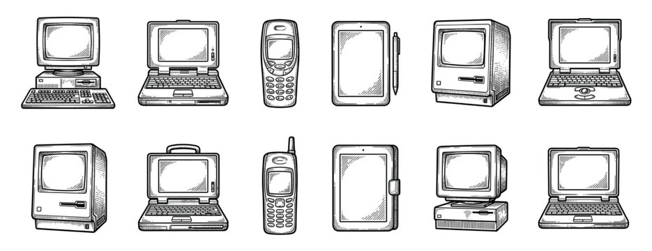 Old retro technology devices set including personal computers, laptops, mobile phones, and a tablet in a detailed black and white engraving style illustration