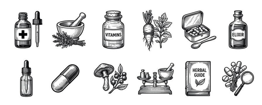 Collection of vintage pharmacy and herbal medicine icons in a hand-drawn engraving style, featuring elixir bottles, mortar and pestle, pills, scales, and medicinal plants