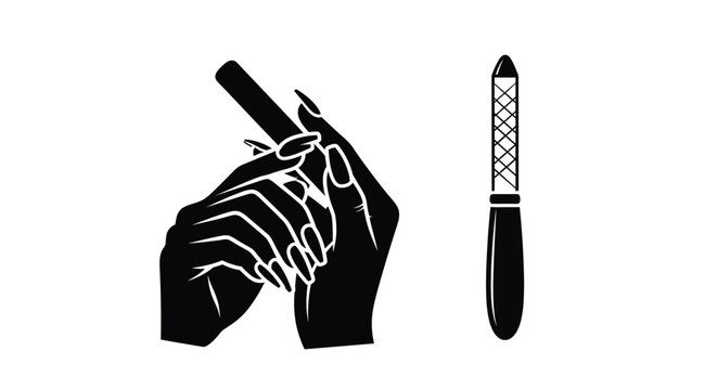 Hand holding nail file and separate file black silhouette fingers