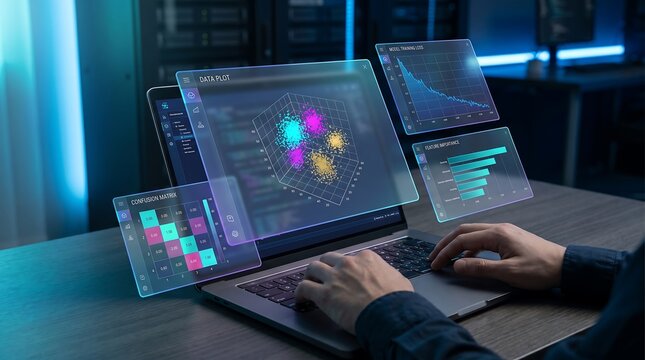 予測分析可視化のための機械学習損失分析、仮想ダッシュボードインターフェース上での3D散布図と混同行列の監視データエンジニア