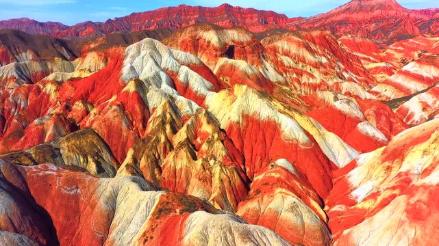 Colorful striped Danxia landform aerial shot, Zhangye National Geopark China