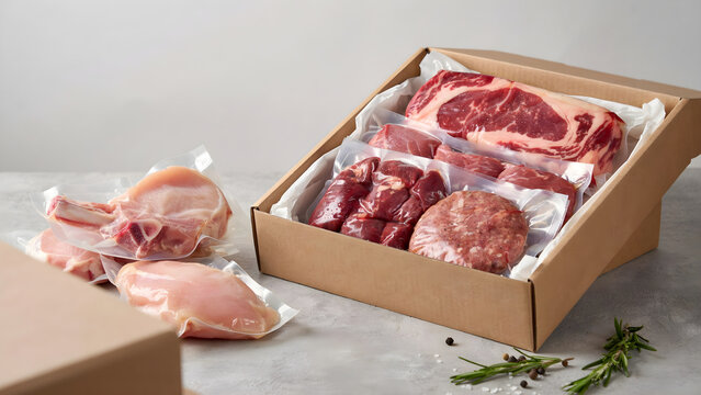 Assortment of vacuum packed raw meat poultry and beef steaks in a cardboard delivery box