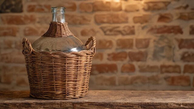 Glass demijohn in wicker wrap, rustic interior concept.