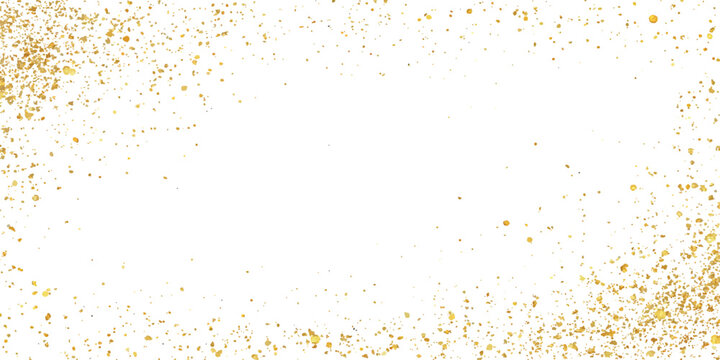Sparkling gold glitter confetti scattered border frame on white background vector illustration template for festive celebration.