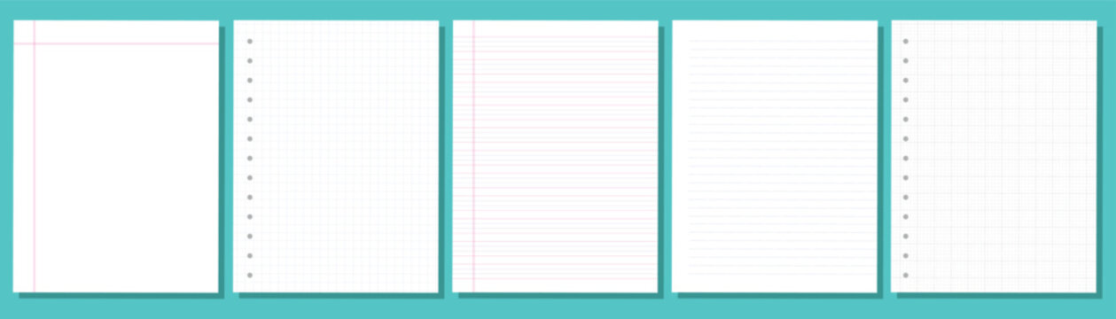 Collection of notebook paper sheets with grid, ruled and lined page templates vector illustration
