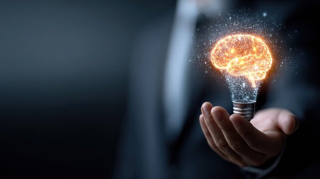 Illuminated human mind concept glows brightly within a handheld incandescent bulb base