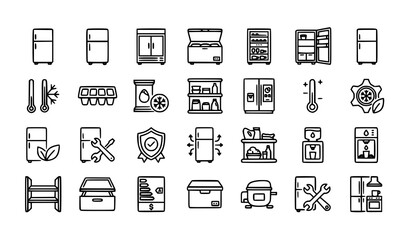 28 Refrigerator Outline Icons Set – Modern Fridge Appliance Line Vector Collection © MstBrishti