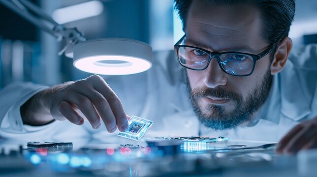 Focused shot of young engineer inspecting AI chip under bright lab light with blurred advanced electronics and tools in the background emphasizing precision and innovative