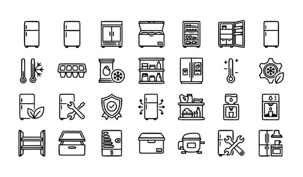 28 Refrigerator Outline Icons Set &ndash; Modern Fridge Appliance Line Vector Collection