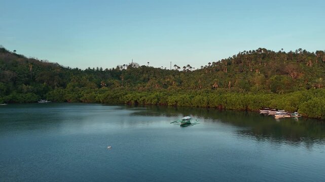Traditional outrigger boat floating on calm water near a forested Mindoro shore