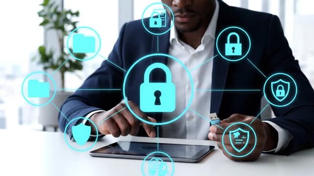 Cyber Security Expert Using Digital Tablet and USB Drive to Secure Corporate Network with Holographic Lock and Shield Icons