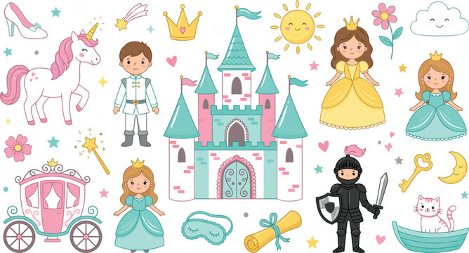 Cute fairytale vector elements set with castle princess prince unicorn knight carriage and magical clip art illustrations for kids