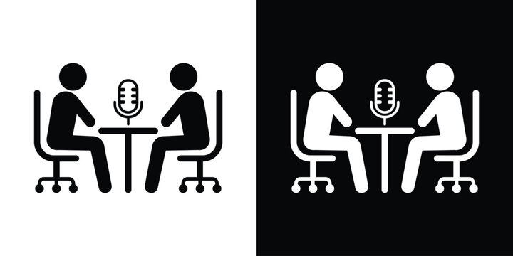 Podcast interview or radio broadcasting icon showing two people speaking into a microphone at a table.