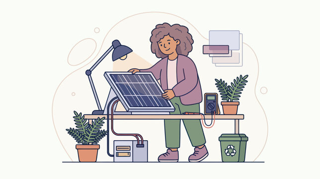 A cheerful person learns about solar energy with a panel voltmeter and recycling bin while indoors